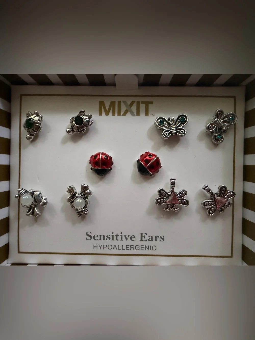 Mixit Silver Tone Stud Earring Set with Red and Green Accents